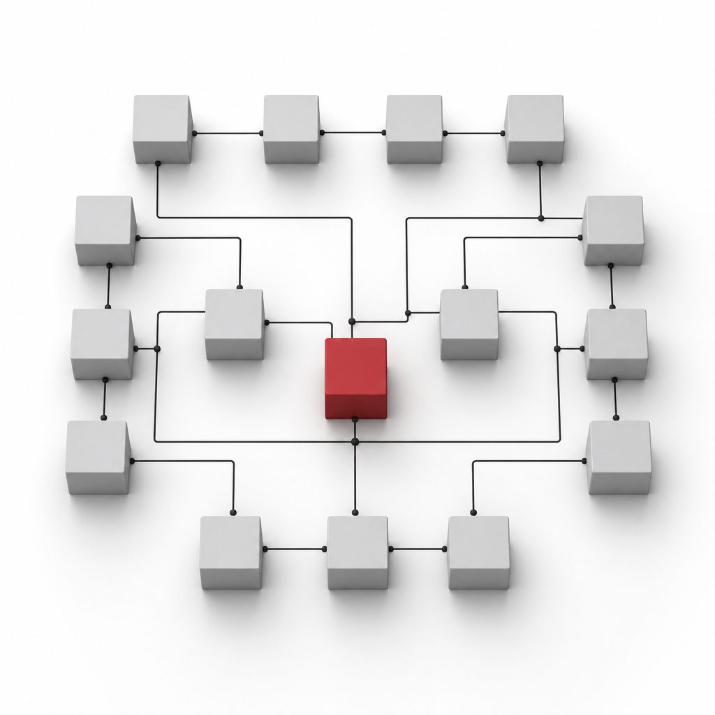 Structured grid of connected modules with one highlighted in red