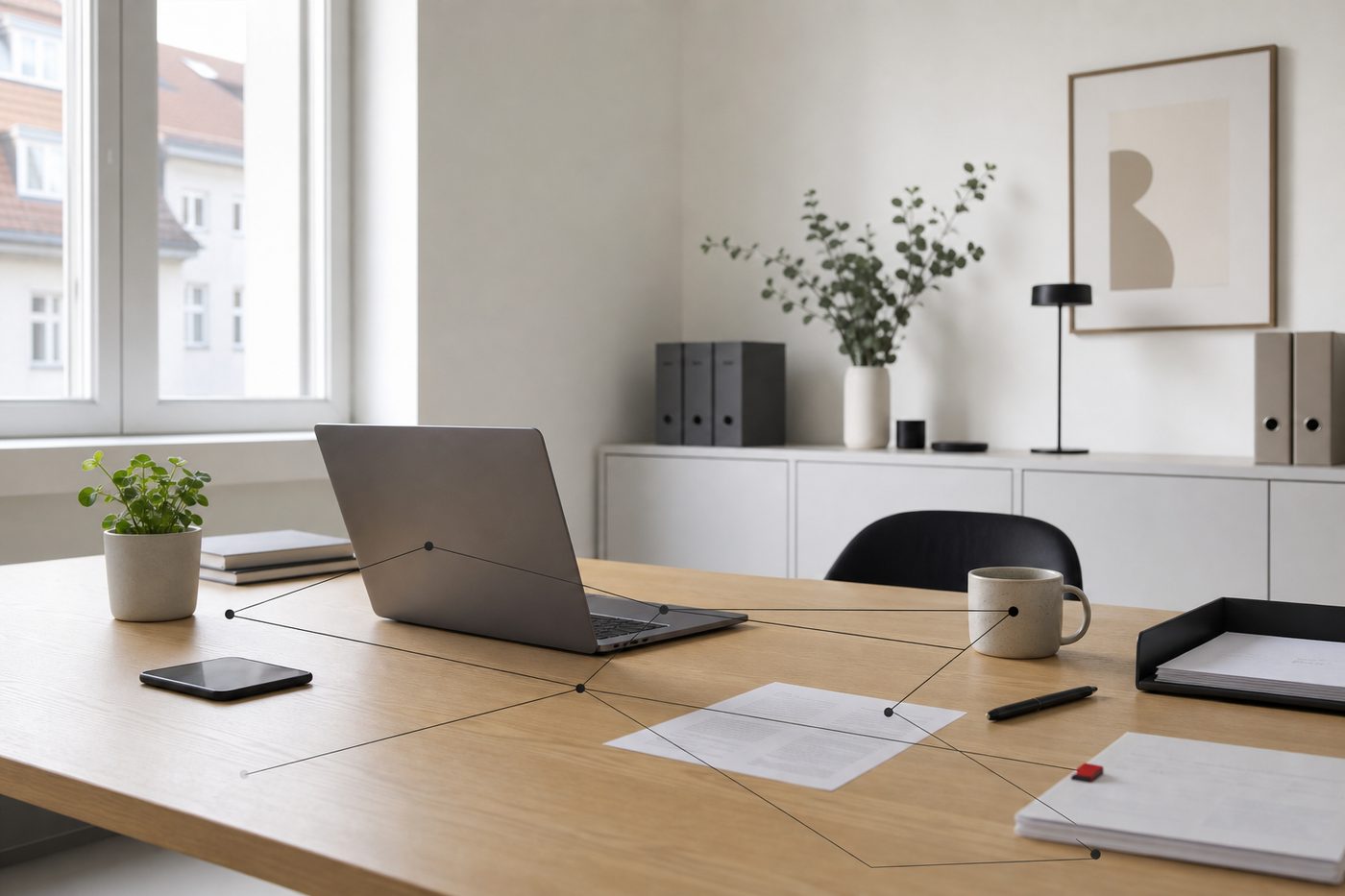 Tidy small-business workspace with software systems connected by thin lines